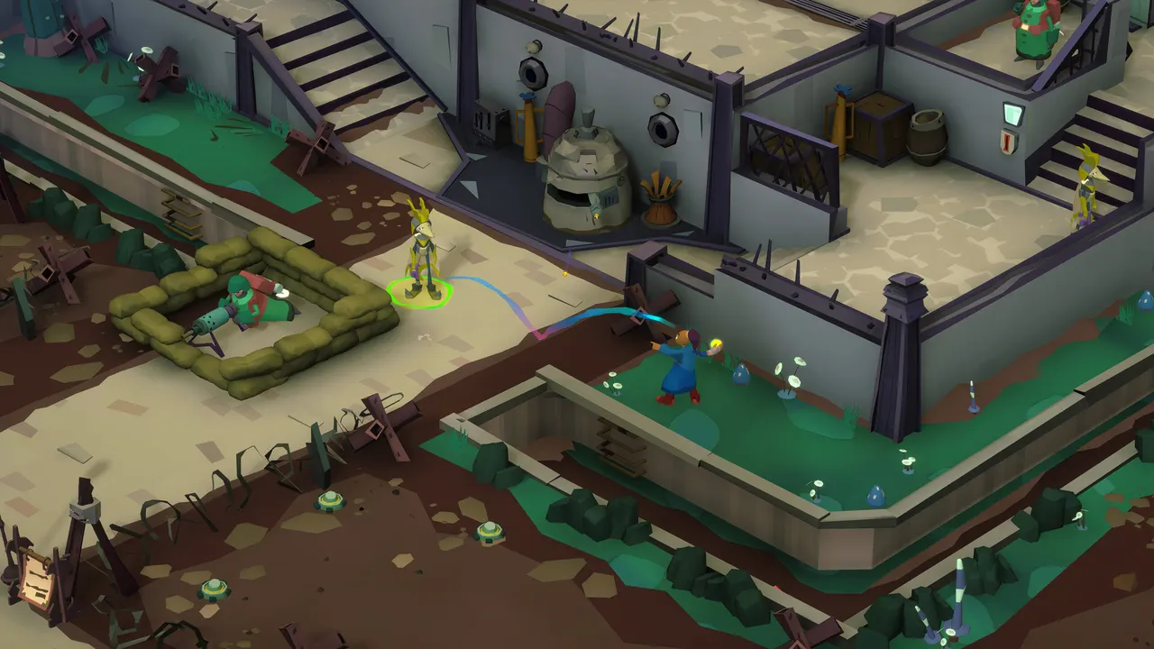 Twinsen throws the Magic Ball at a clone soldier outside a fortified wall
